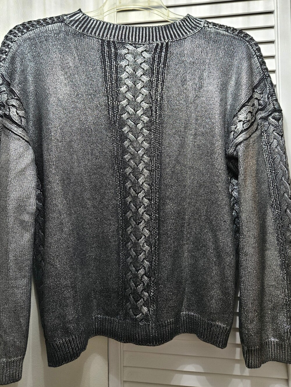 FATE Silver Metallic Foil Cable Knit Sweater Shimmer Crewneck Grunge Small